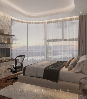 Phòng ngủ cửa kính rộng tận dụng ánh sáng tự nhiên hoàn hảo